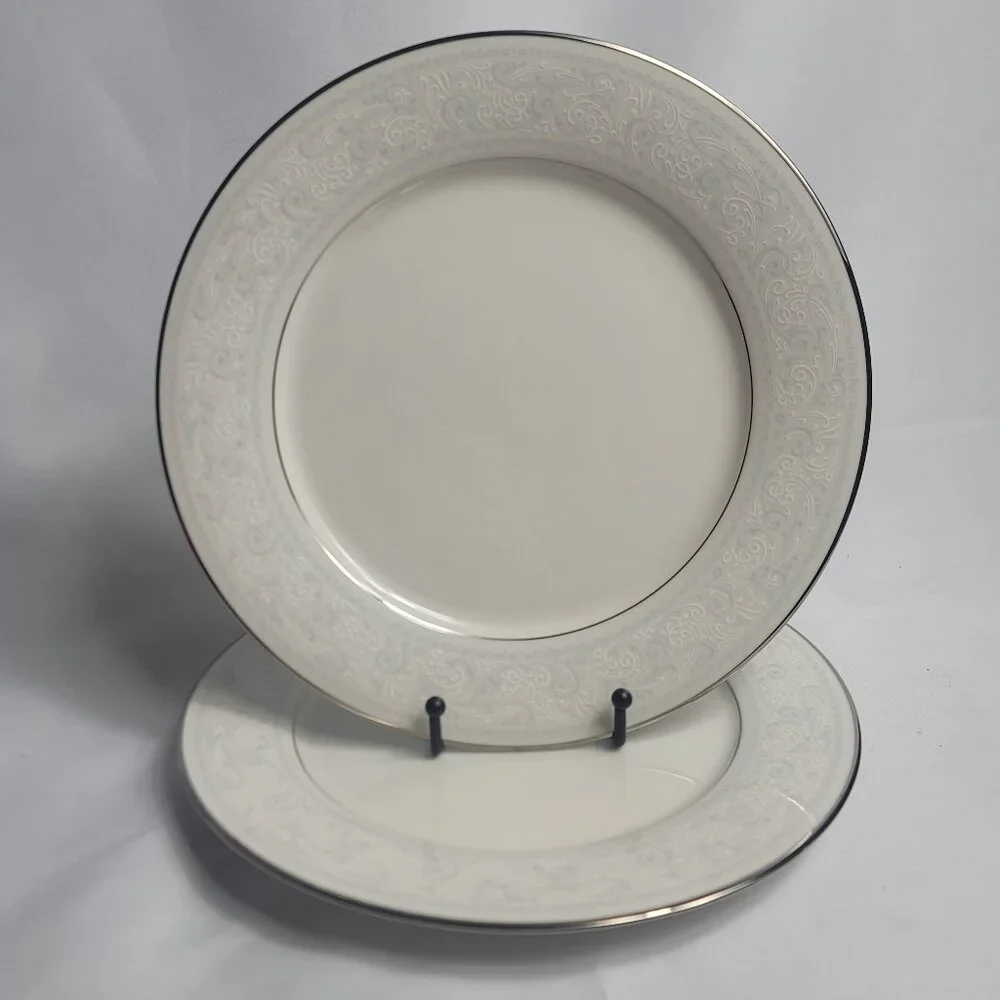 TWO Noritake Trudy Dinner Plates Ivory with Blue & White Scrolls 7087